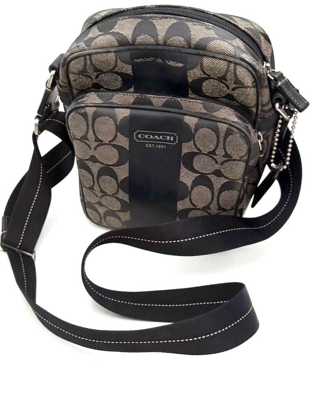COACH Signature Canvas Crossbody Bag Unisex Brown Black Camera Bag Adjustable